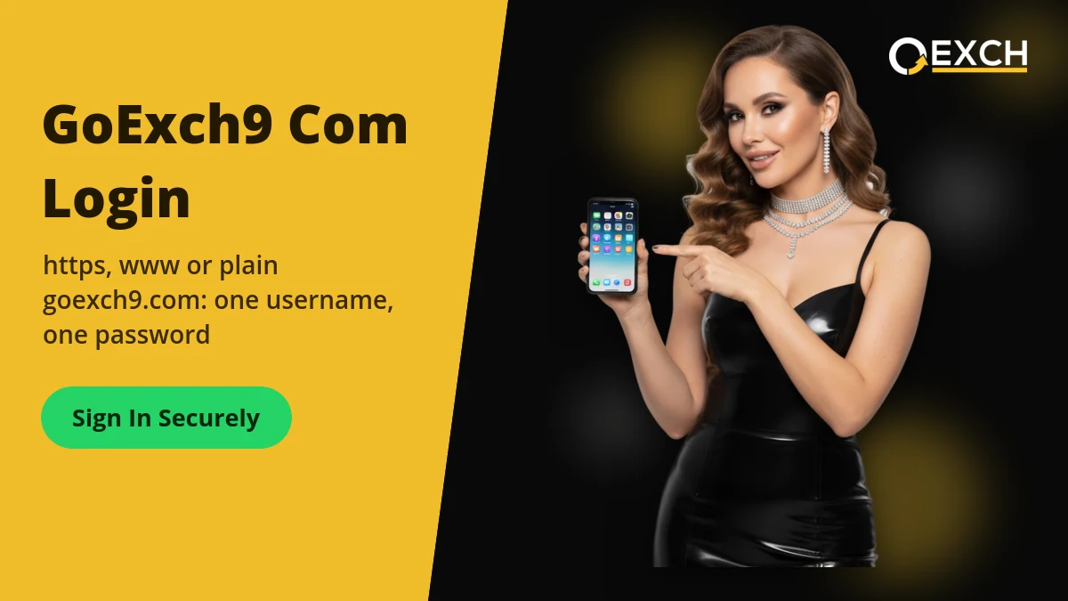 GoExch9 com login banner with a model showing a phone screen for https goexch9.com sign-in