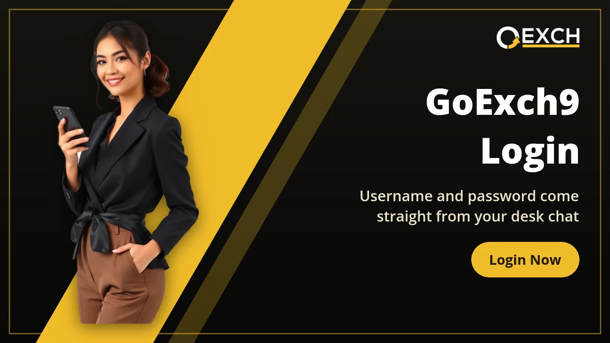 GoExch9 login banner with a model tapping a phone and a Login Now button